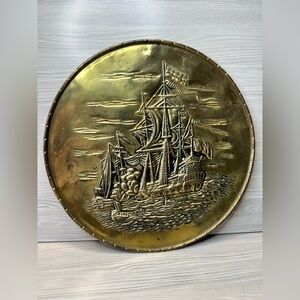 Vintage Embossed Brass Wall Hanging Plate Plaque - Nautical Sailing Ship Galleon